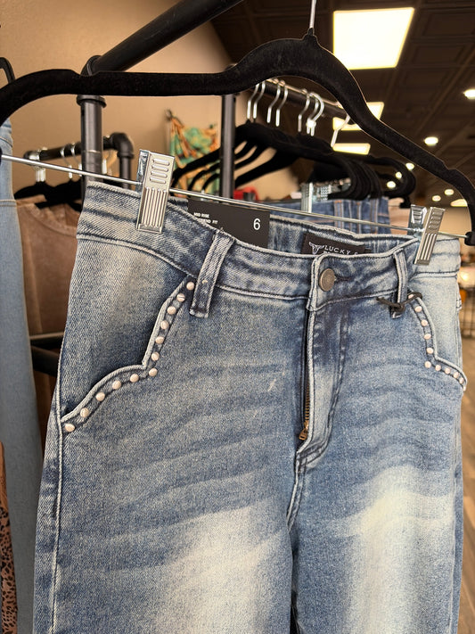 LB Mid Wash Cuffed Boyfriend High Rise Jeans w/Embroidered Stud Pocket