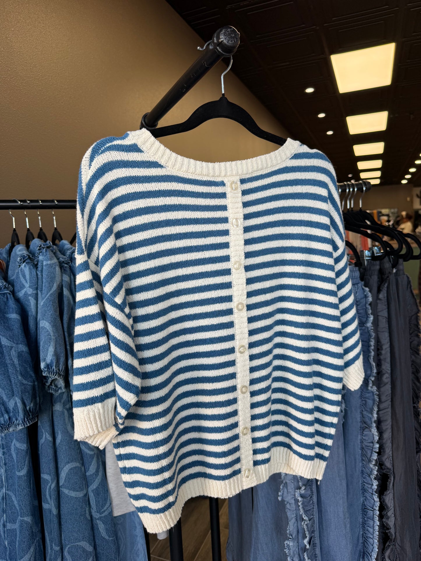 Blu Pepper Stripe Contrast Trim SS Knit Sweater