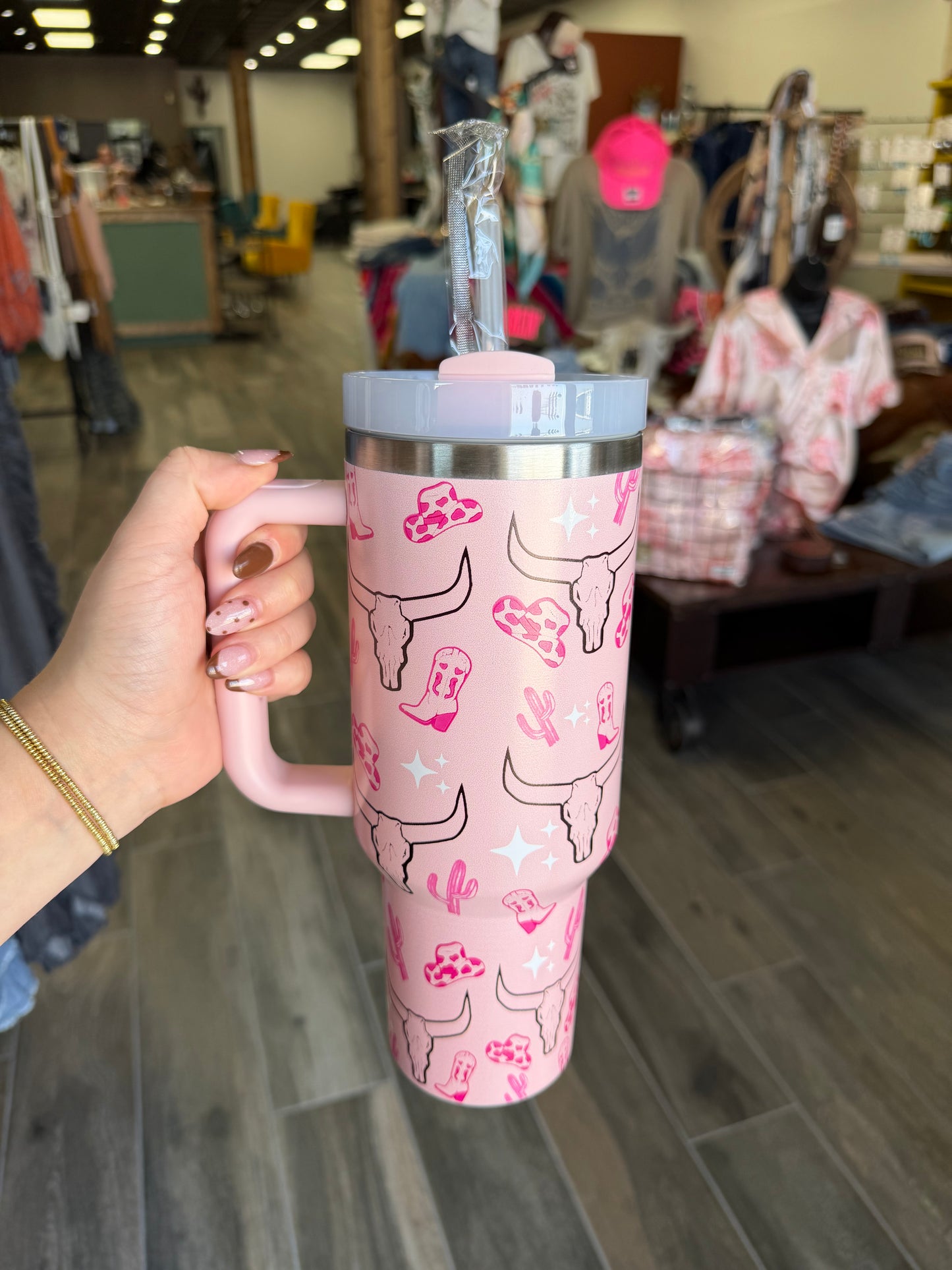 Western Cow Skull/Cactus Stainless Steel Tumbler Cup 40oz Pink