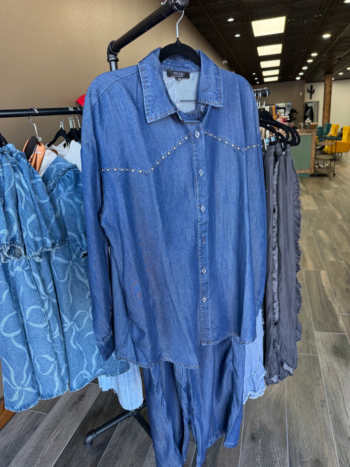Blu Pepper Collared Button Down Stud Detail Denim Shirt/Pants Set