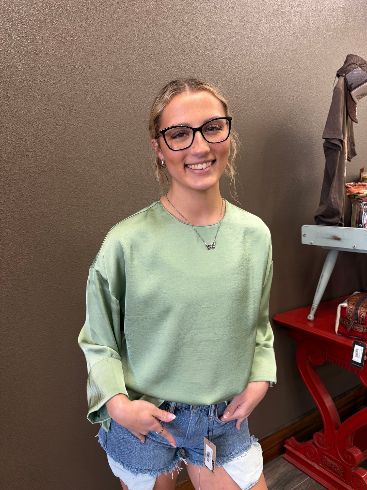 Glam Sage Wide Sleeve Blouse