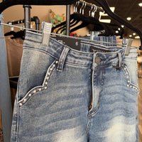 LB Mid Wash Cuffed Boyfriend High Rise Jeans w/Embroidered Stud Pocket