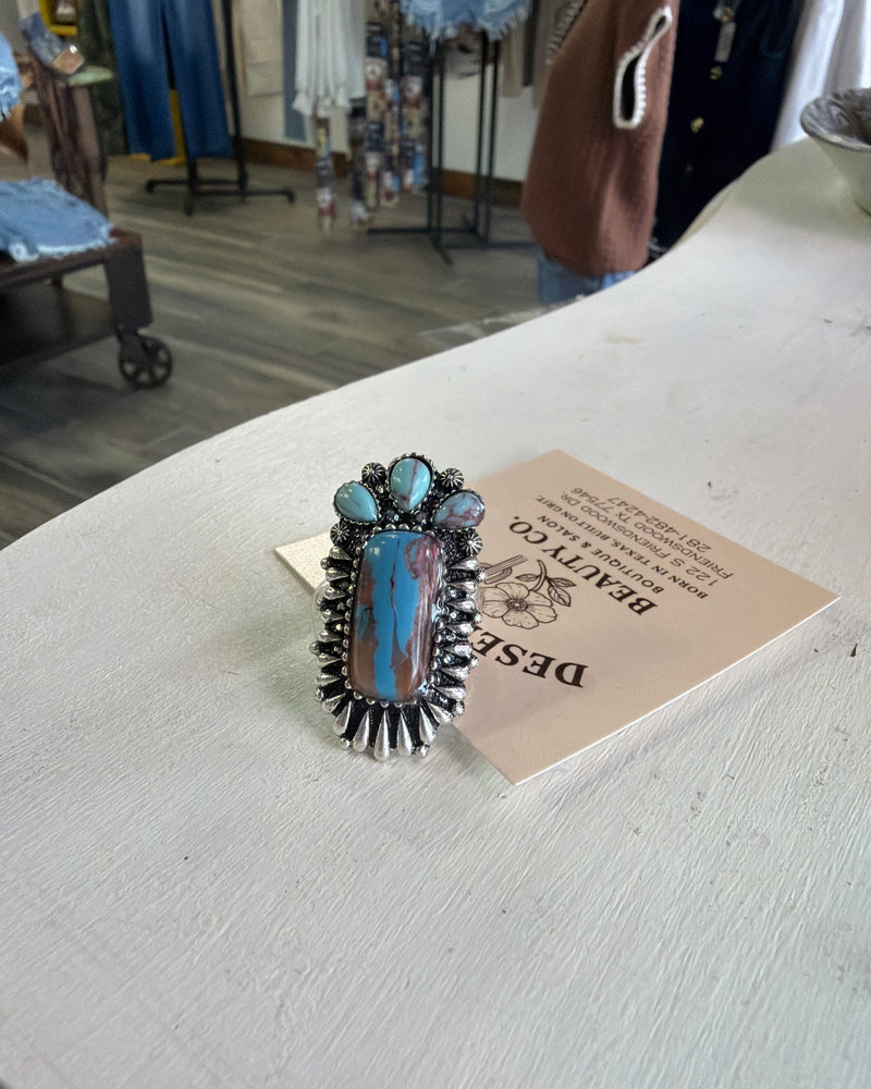 Western Turquoise and Brown Stretch Ring