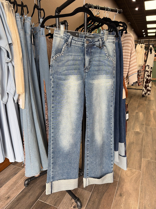LB Mid Wash Cuffed Boyfriend High Rise Jeans w/Embroidered Stud Pocket