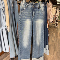 LB Mid Wash Cuffed Boyfriend High Rise Jeans w/Embroidered Stud Pocket