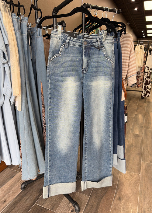 LB Mid Wash Cuffed Boyfriend High Rise Jeans w/Embroidered Stud Pocket