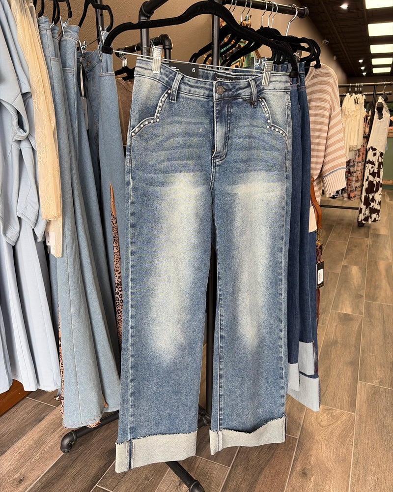 LB Mid Wash Cuffed Boyfriend High Rise Jeans w/Embroidered Stud Pocket
