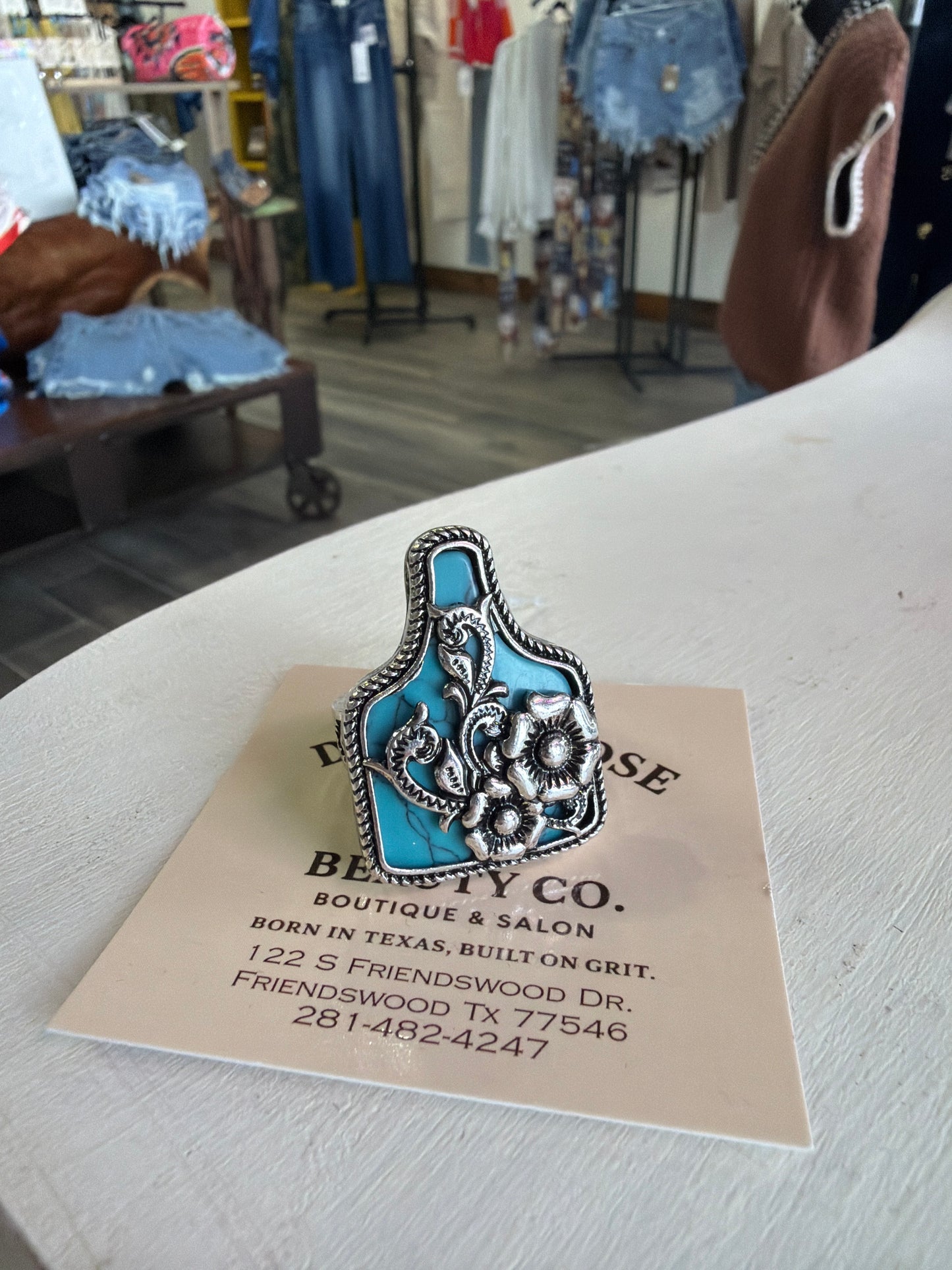 Turquoise Floral Cattle Tag Stretch Ring