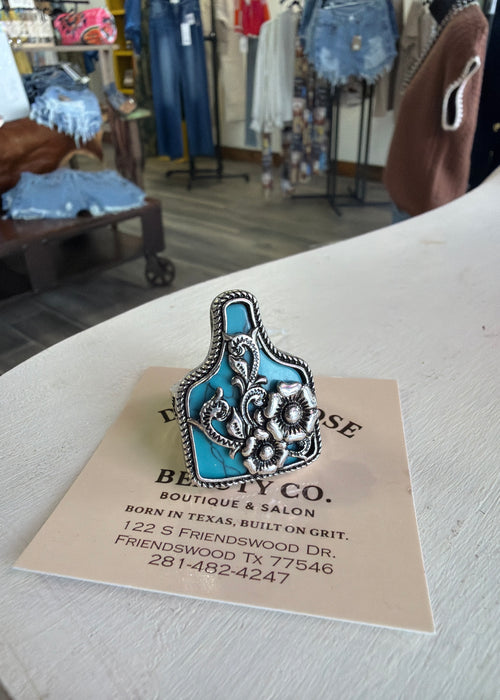 Turquoise Floral Cattle Tag Stretch Ring