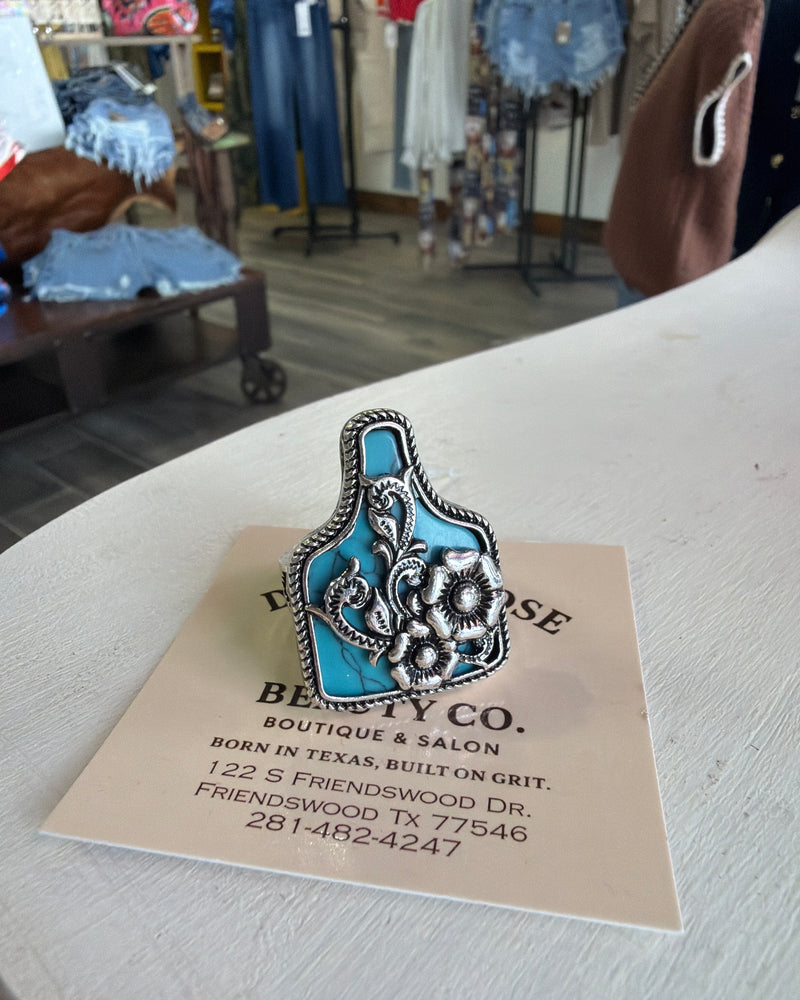 Turquoise Floral Cattle Tag Stretch Ring