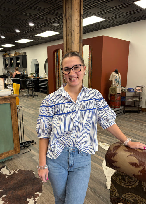 blue and white western blouse