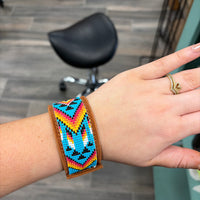 Western Aztec Seed Bead Leather Cuff Bracelet