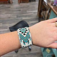 Western Aztec Seed Bead Leather Cuff Bracelet