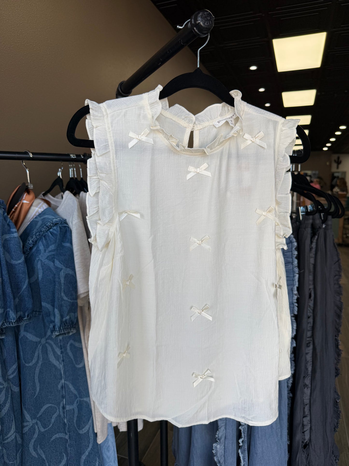 Blu Pepper Ribbon Bow Pattern Ruffle Trim SS Top