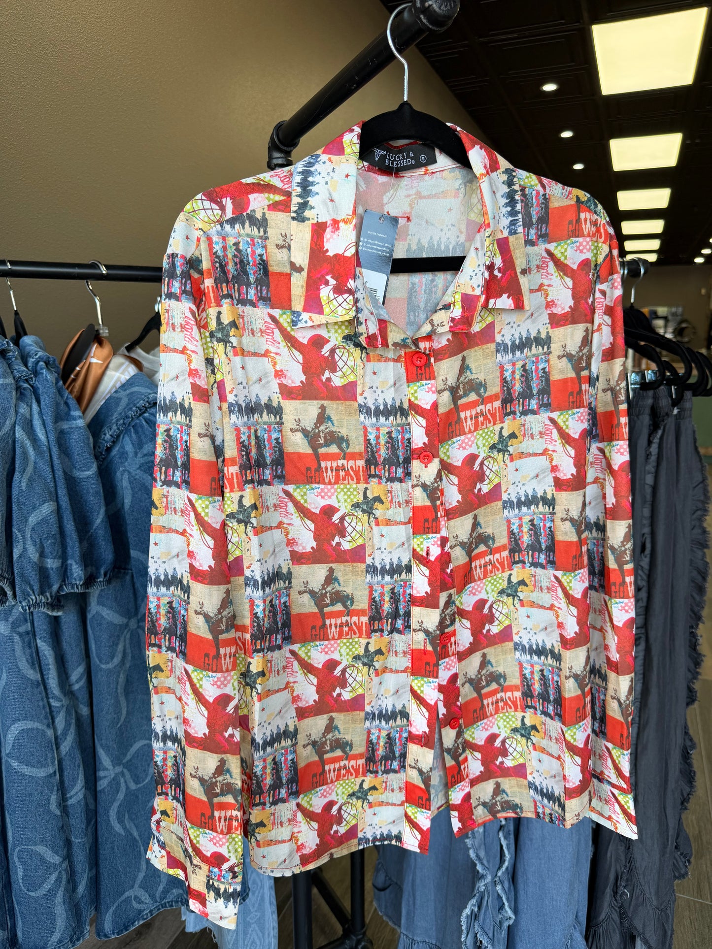LB Collage Multi Printed Chiffon Collared Western Shirt