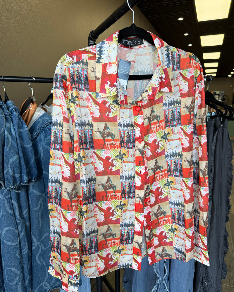 LB Collage Multi Printed Chiffon Collared Western Shirt