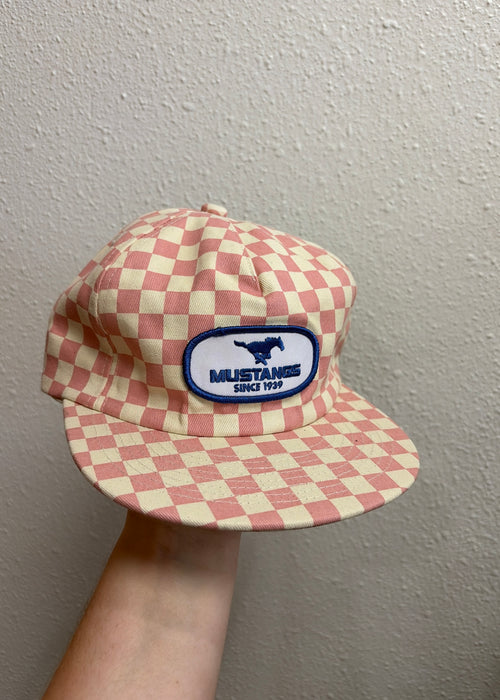 pink checkered blue patch cap