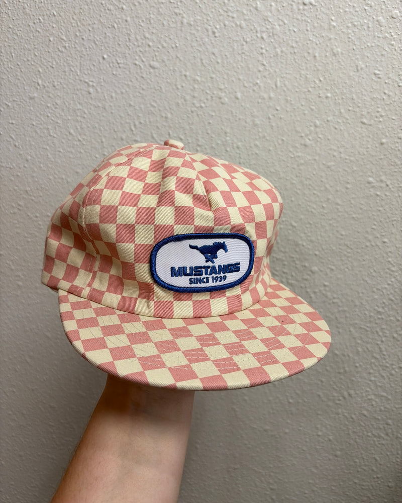pink checkered blue patch cap
