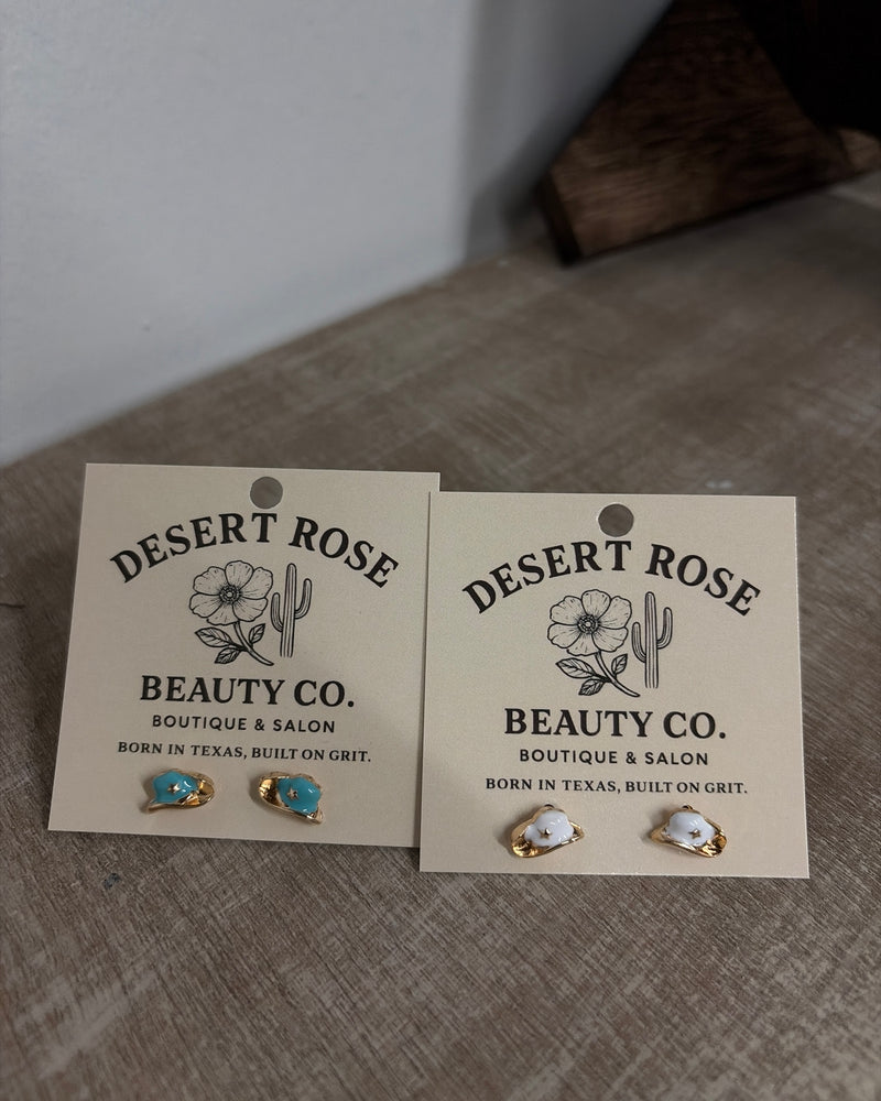 Gold hat earrings in white and blue