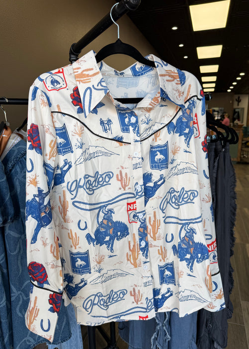 Rose Retro Western Cowboy Rodeo Street Print Shirt (Blue)