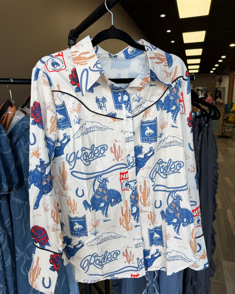 Rose Retro Western Cowboy Rodeo Street Print Shirt (Blue)