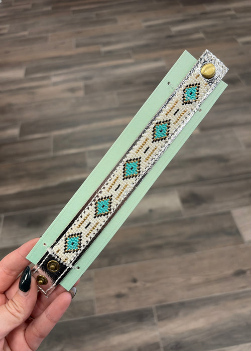 Western Aztec Pattern Seed Bead Leather Cuff Bracelet