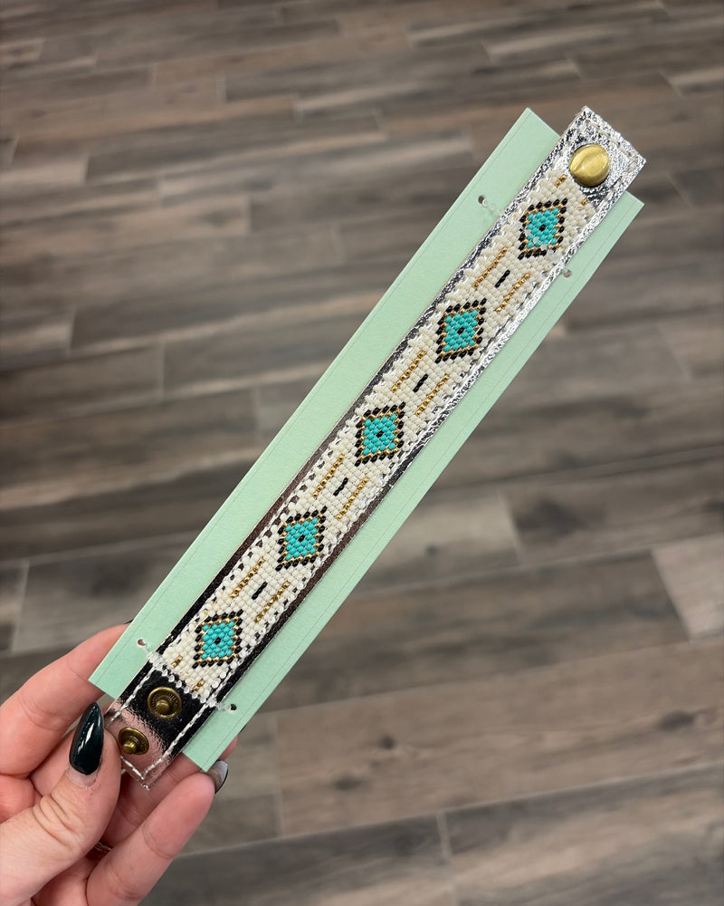 Western Aztec Pattern Seed Bead Leather Cuff Bracelet
