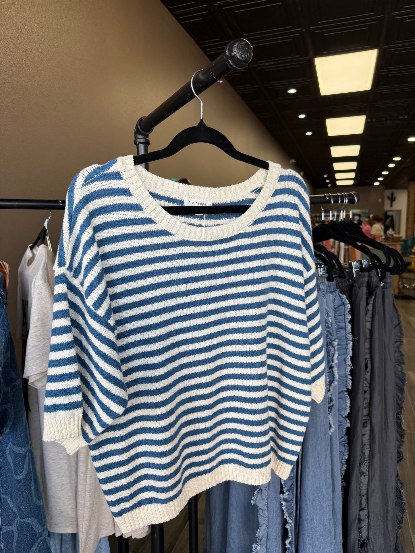 Blu Pepper Stripe Contrast Trim SS Knit Sweater