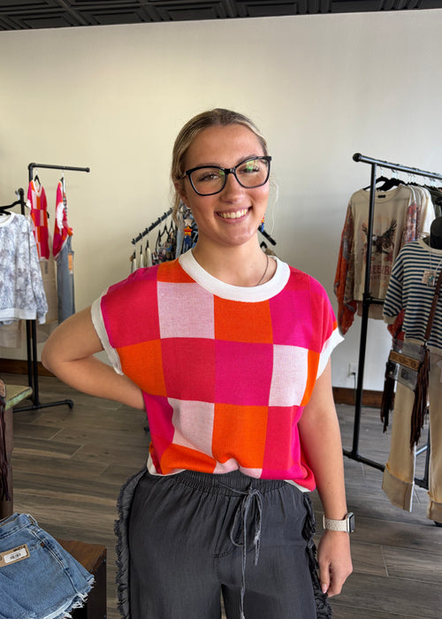 Rosa Color Block Cap Sleeve Summer Knit Top (Rose)