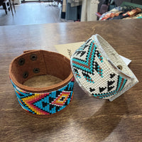 Western Aztec Seed Bead Leather Cuff Bracelet