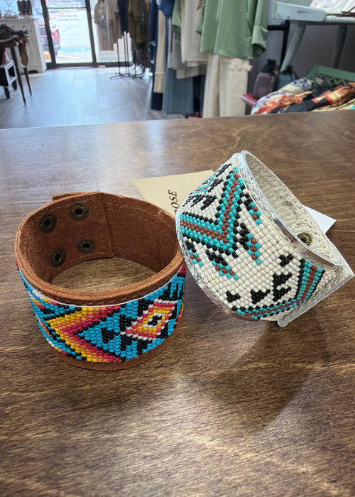 Western Aztec Seed Bead Leather Cuff Bracelet
