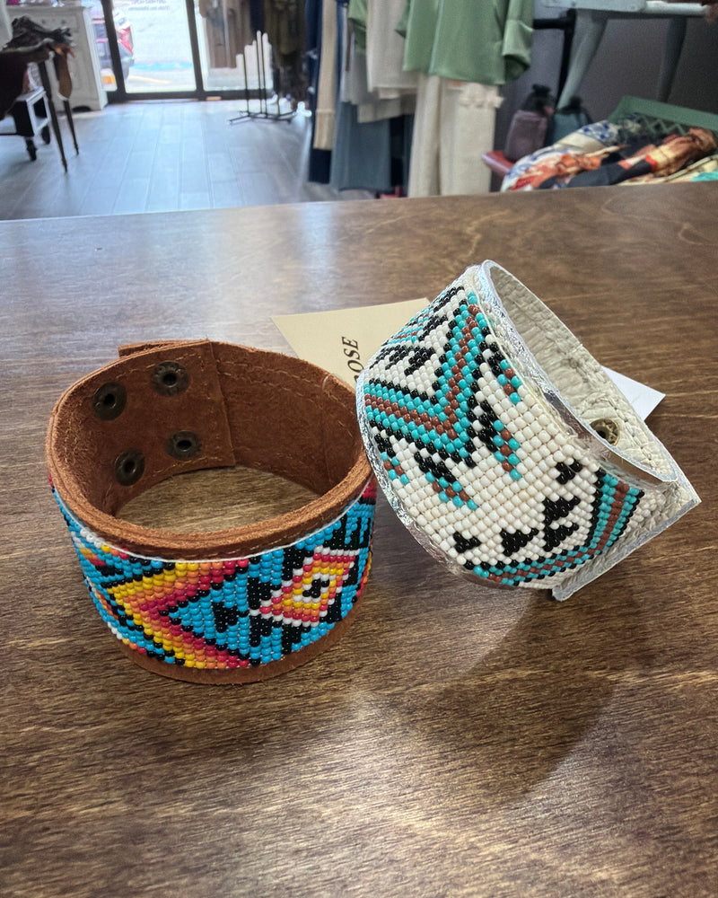 Western Aztec Seed Bead Leather Cuff Bracelet