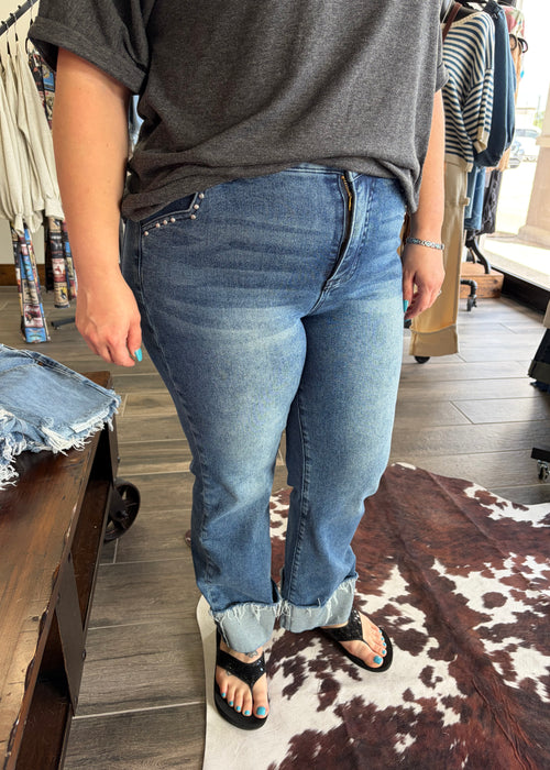 Risen High Rise Straight Turn Up Cuffed w/Patch Pocket Detail Pants