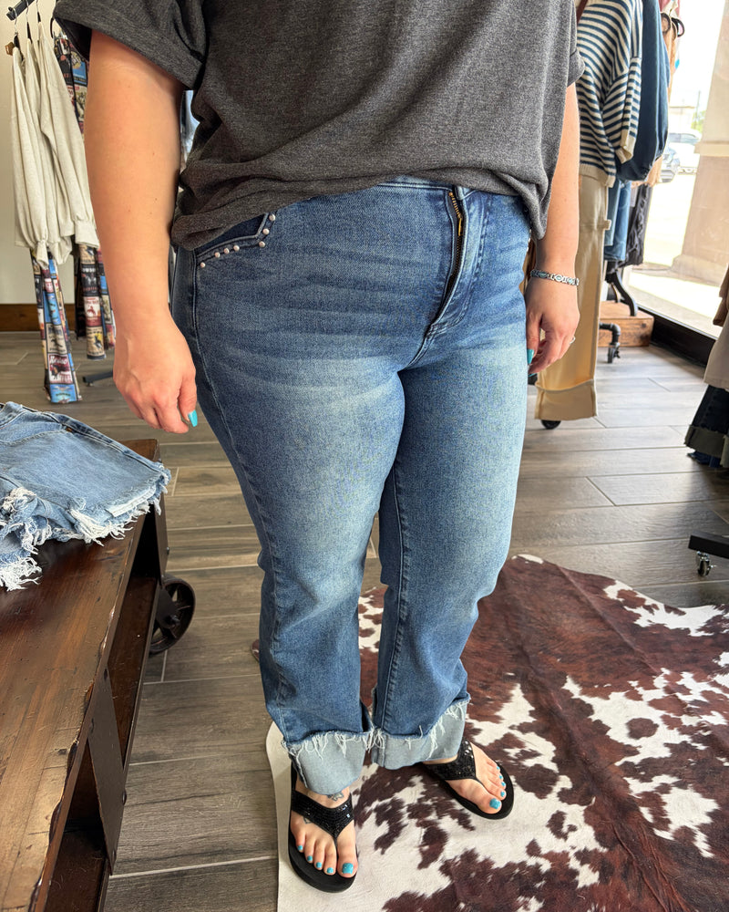 Risen High Rise Straight Turn Up Cuffed w/Patch Pocket Detail Pants
