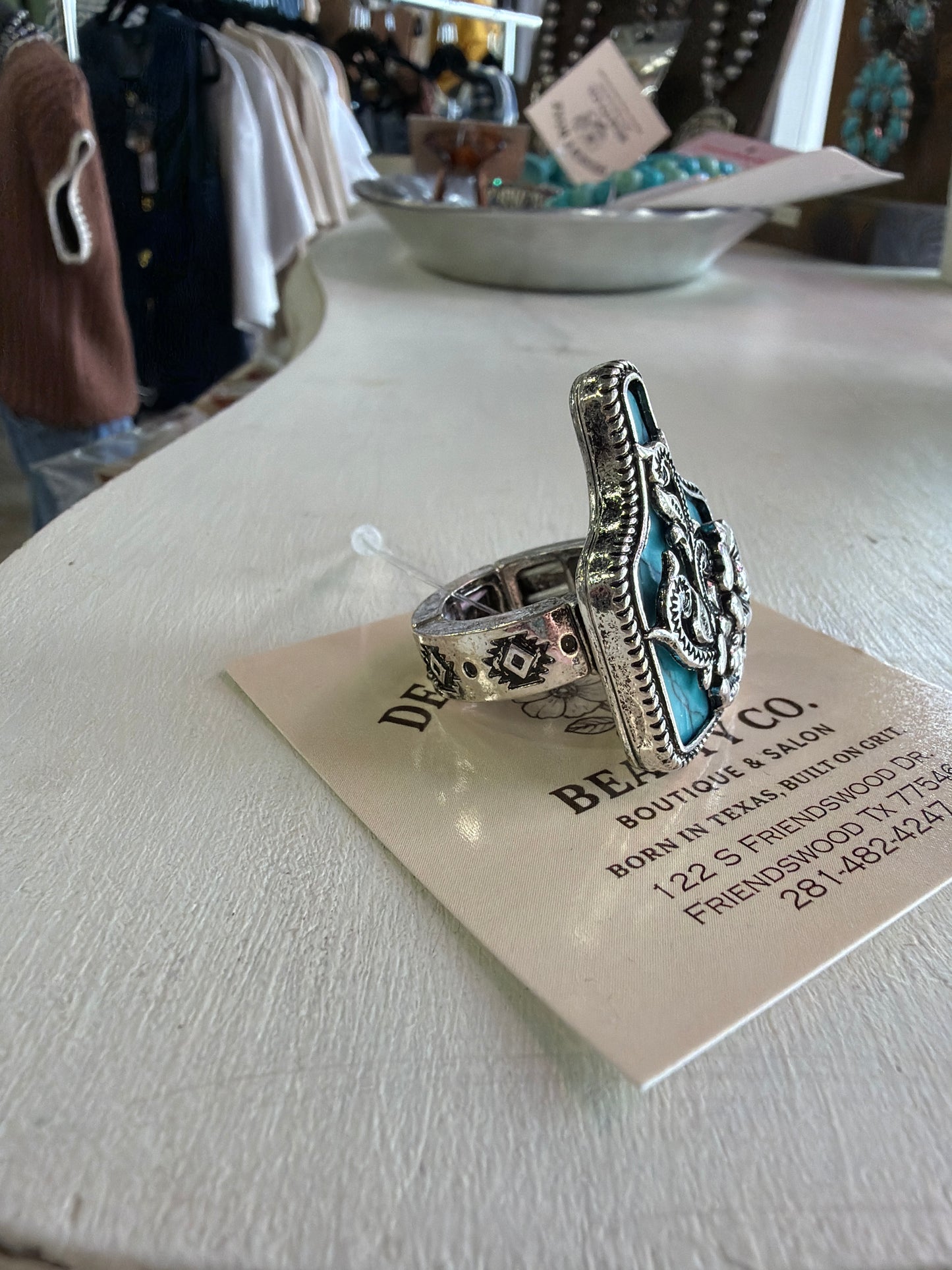 Turquoise Floral Cattle Tag Stretch Ring