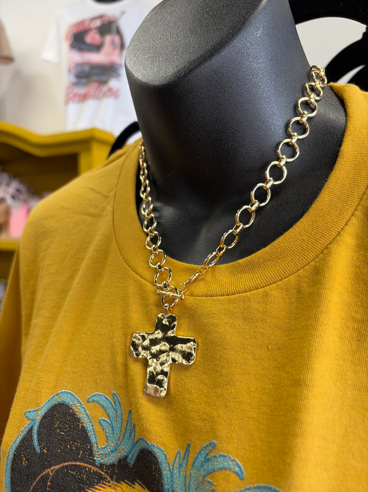 Hammered Flat Cross Pendant Necklace-Gold