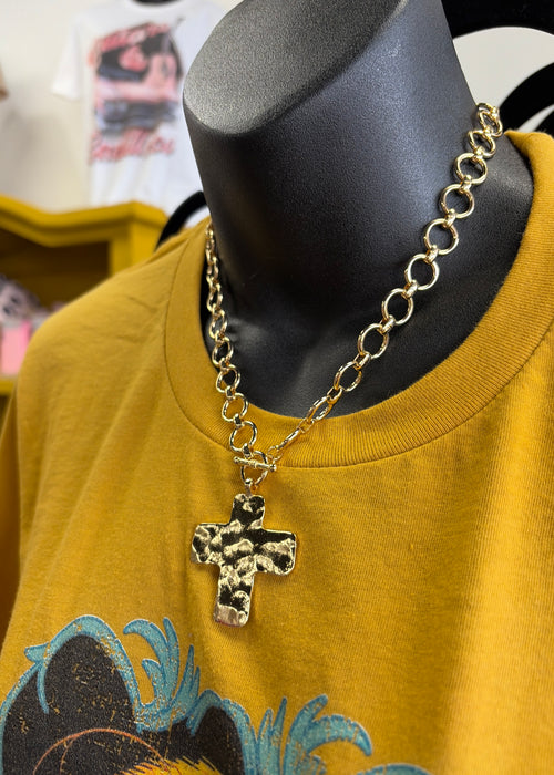 Hammered Flat Cross Pendant Necklace-Gold