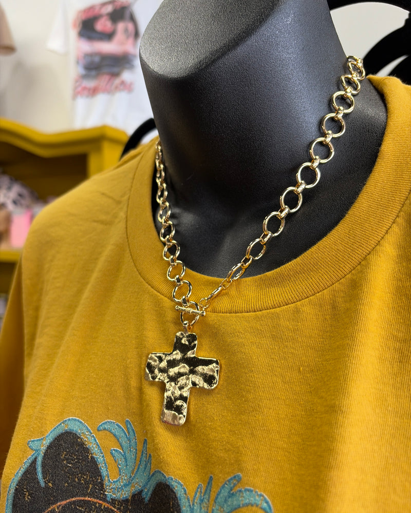 Hammered Flat Cross Pendant Necklace-Gold