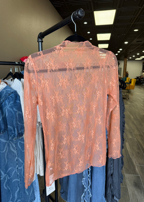Rose Semi Sheer Mesh Floral Lace Layering Top (Caramel)