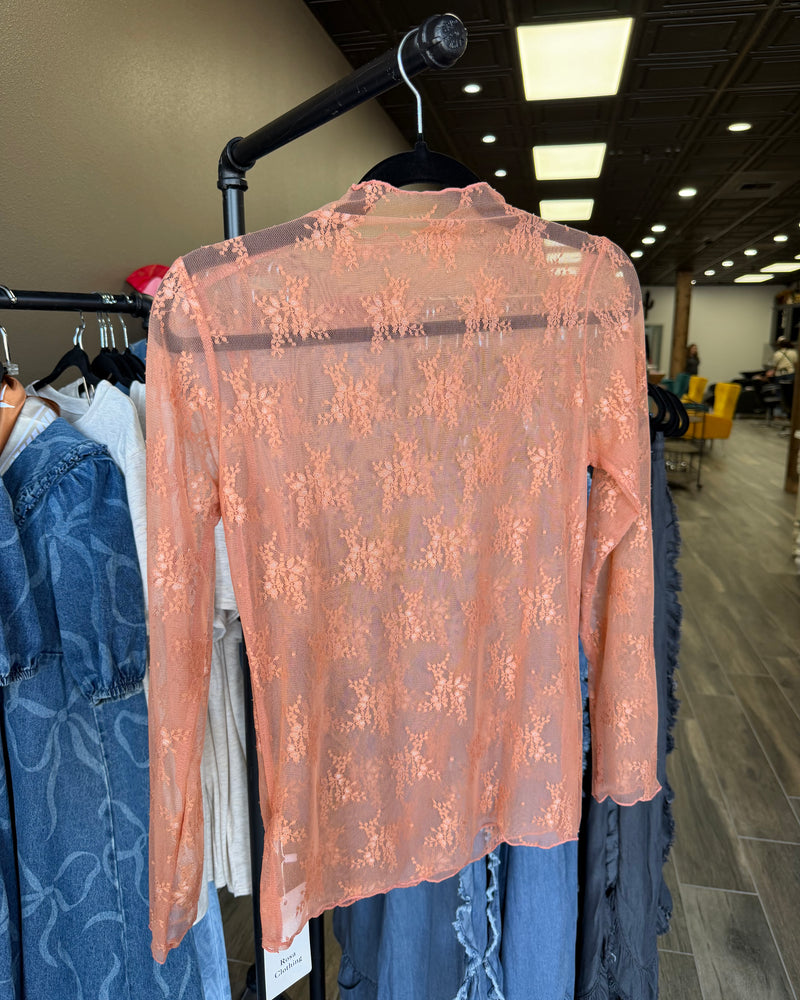 Rose Semi Sheer Mesh Floral Lace Layering Top (Caramel)