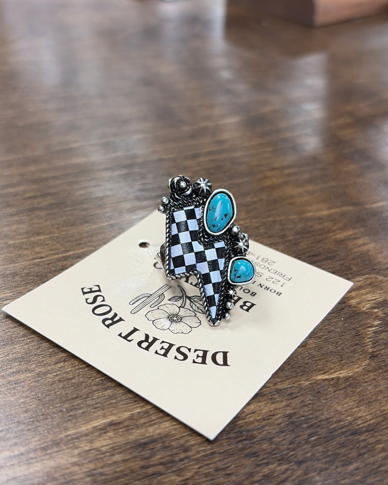 Checkered Flag Lightening Bolt Stretch Ring