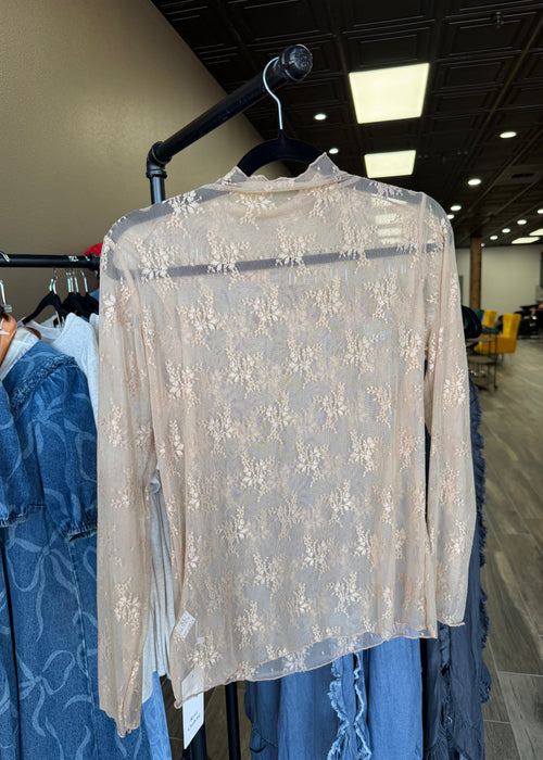 Rose Semi Sheer Mesh Floral Lace Layering Top (Beige)