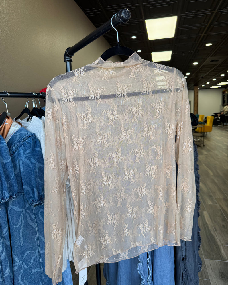 Rose Semi Sheer Mesh Floral Lace Layering Top (Beige)