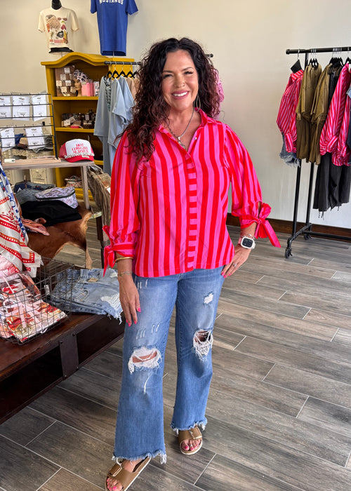 red and pink bow sleeve top