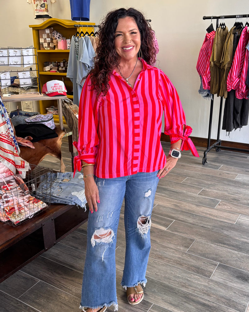 red and pink bow sleeve top