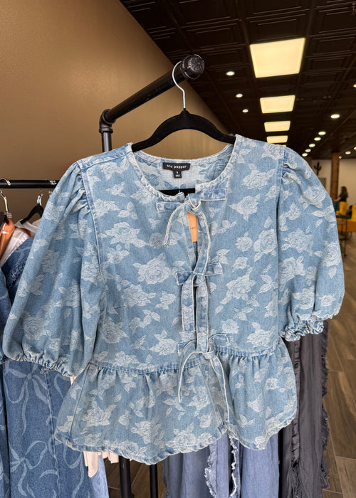 Blu Pepper Rose Pattern Front Tie Puff Sleeve Denim Top