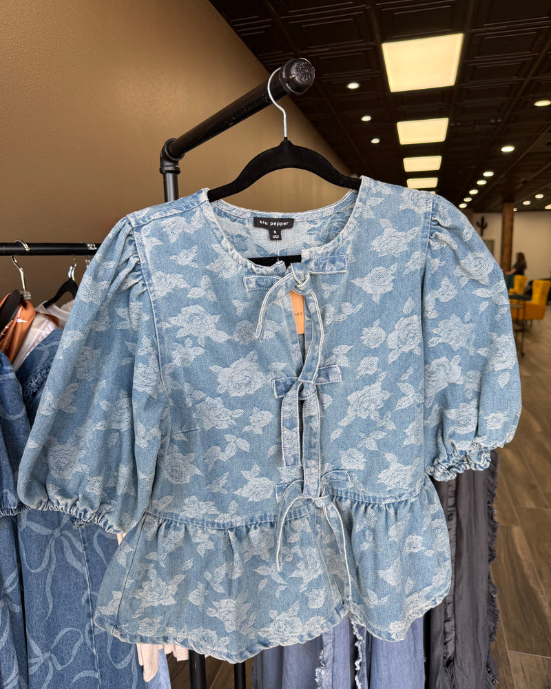 Blu Pepper Rose Pattern Front Tie Puff Sleeve Denim Top