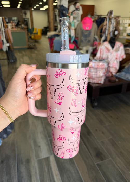 Western Cow Skull/Cactus Stainless Steel Tumbler Cup 40oz Pink