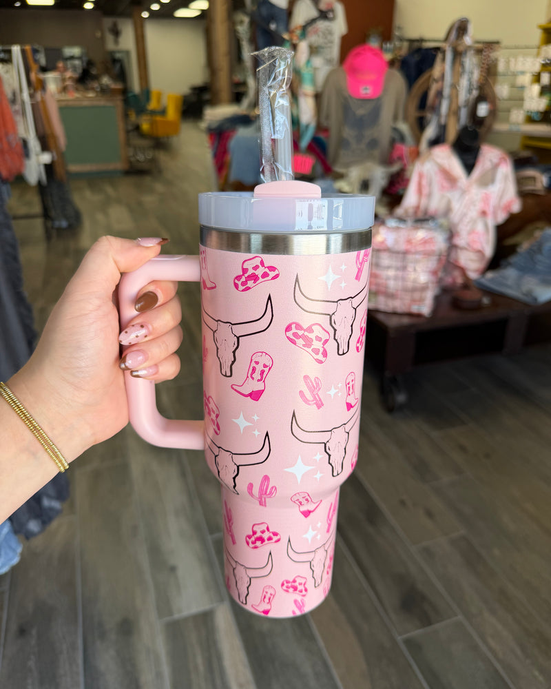 Western Cow Skull/Cactus Stainless Steel Tumbler Cup 40oz Pink