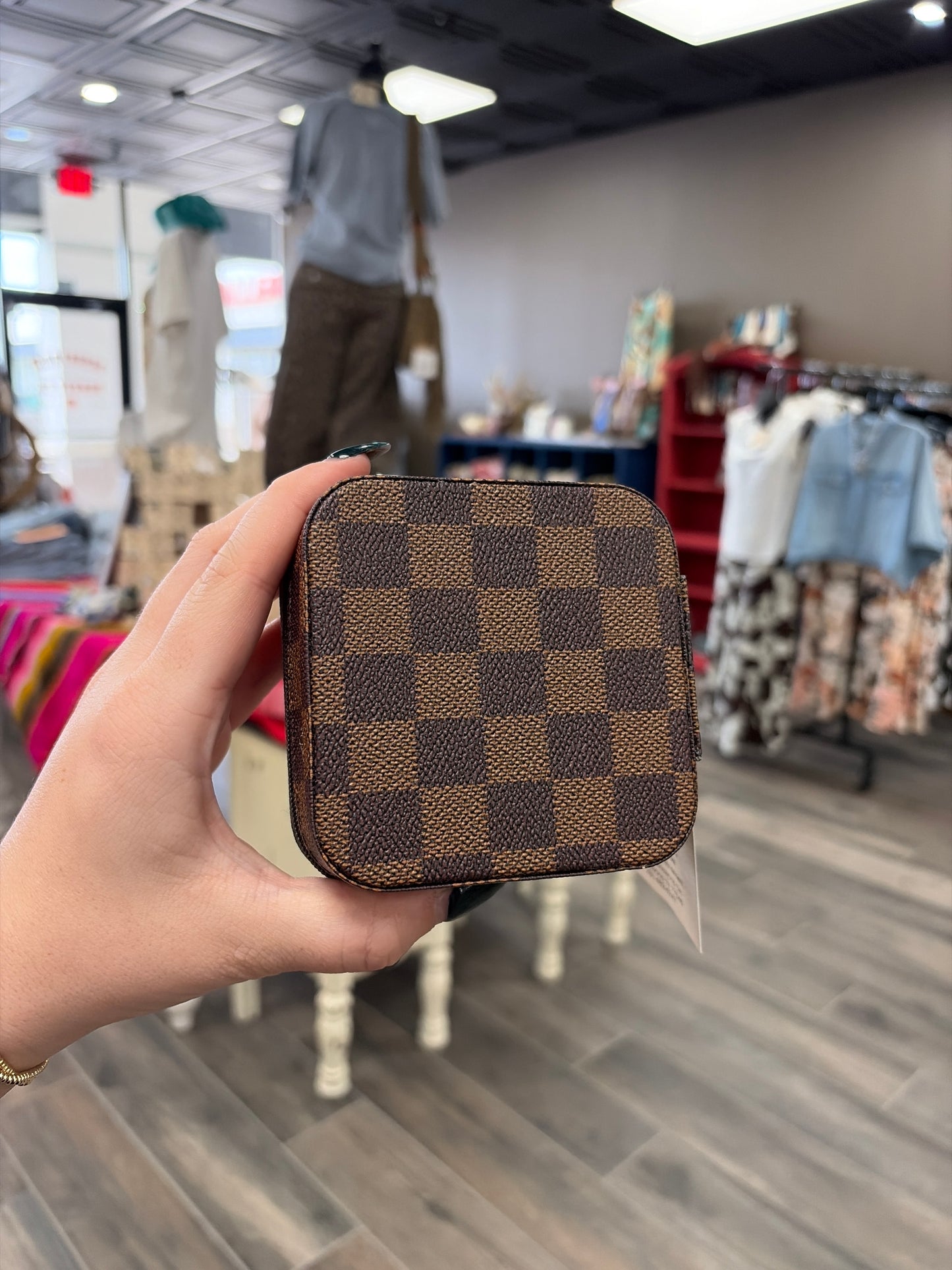 Checker Pattern PU Leather Jewelry Box